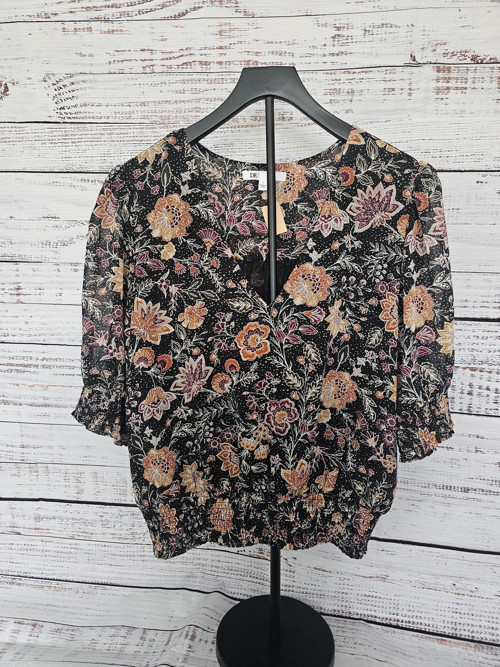 DR2 Black Floral V-Neck Puff Sleeve Blouse